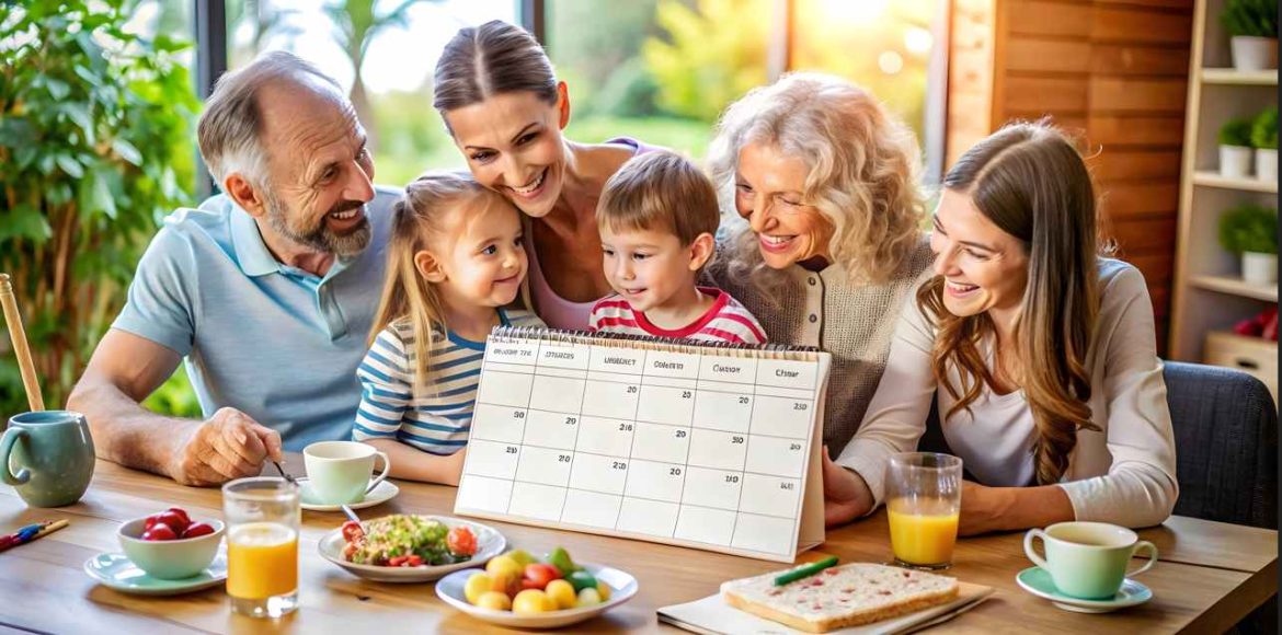 Une famille heureuse de trois générations est assise autour d'une table de petit-déjeuner lumineuse et sourit en consultant un calendrier magnétique posé devant eux.